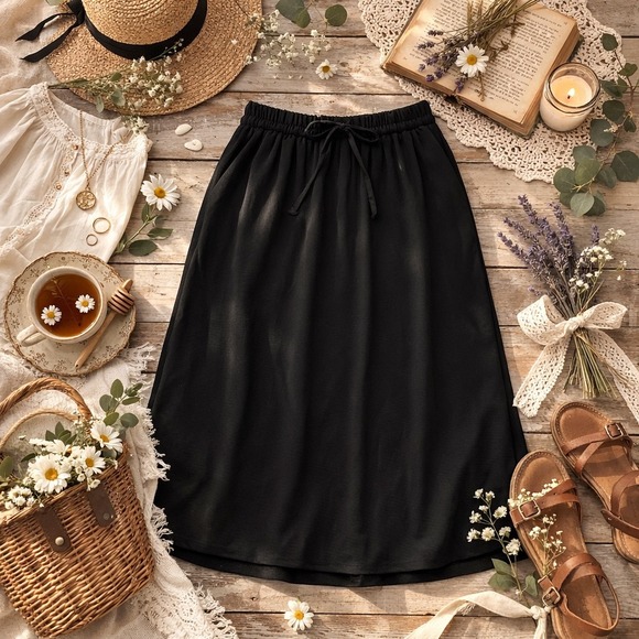 Faded Glory Dresses & Skirts - Faded Glory Black Midi Skirt Small 4-6 Elastic Drawstring Waist Cottagecore Girl